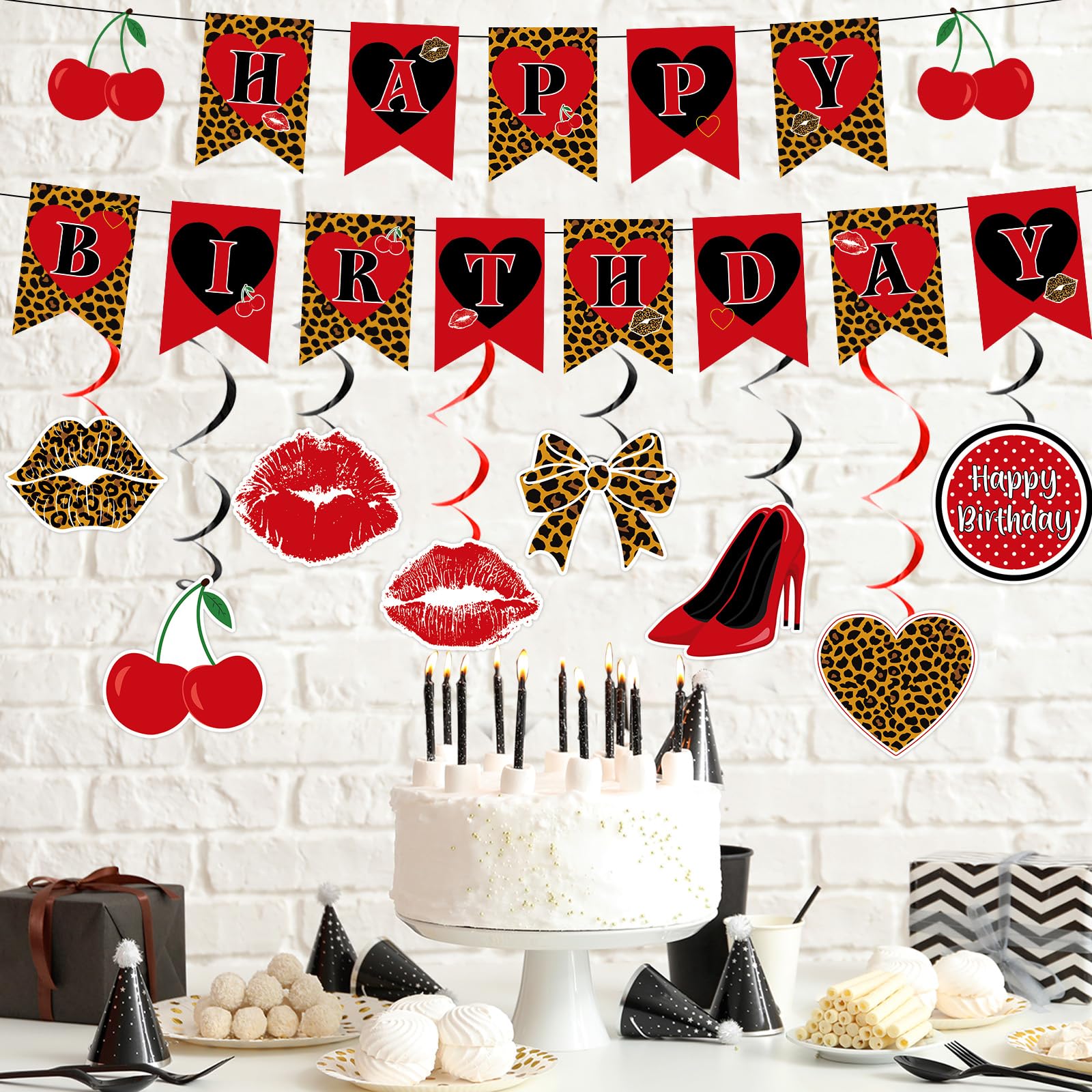 OjustBeOk 18Pcs Cheetah Cherry Birthday Party Decorations – Leopard Print Banner & Hanging Swirls