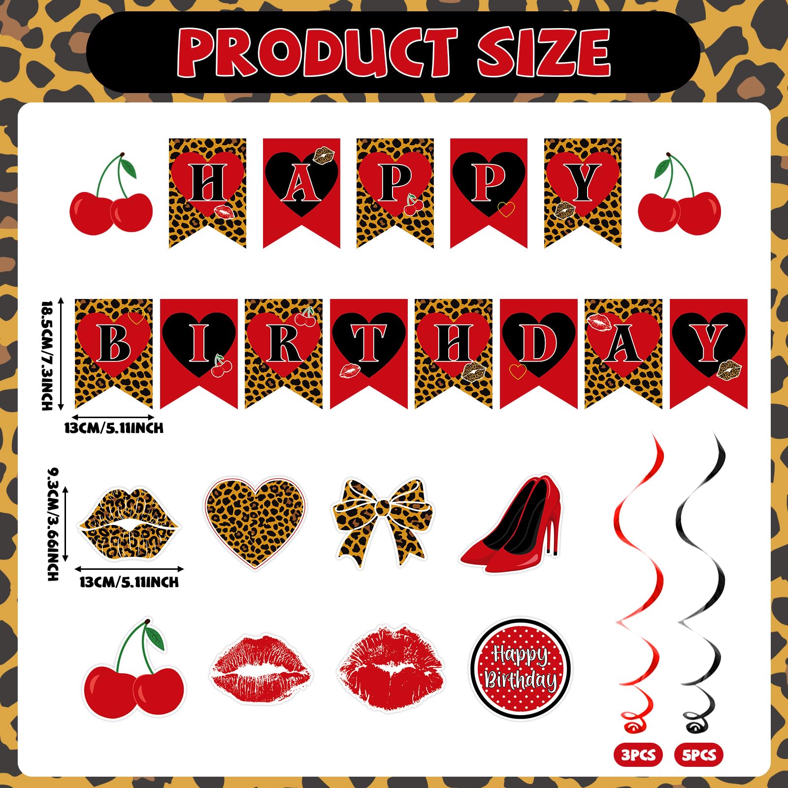 OjustBeOk 18Pcs Cheetah Cherry Birthday Party Decorations – Leopard Print Banner & Hanging Swirls