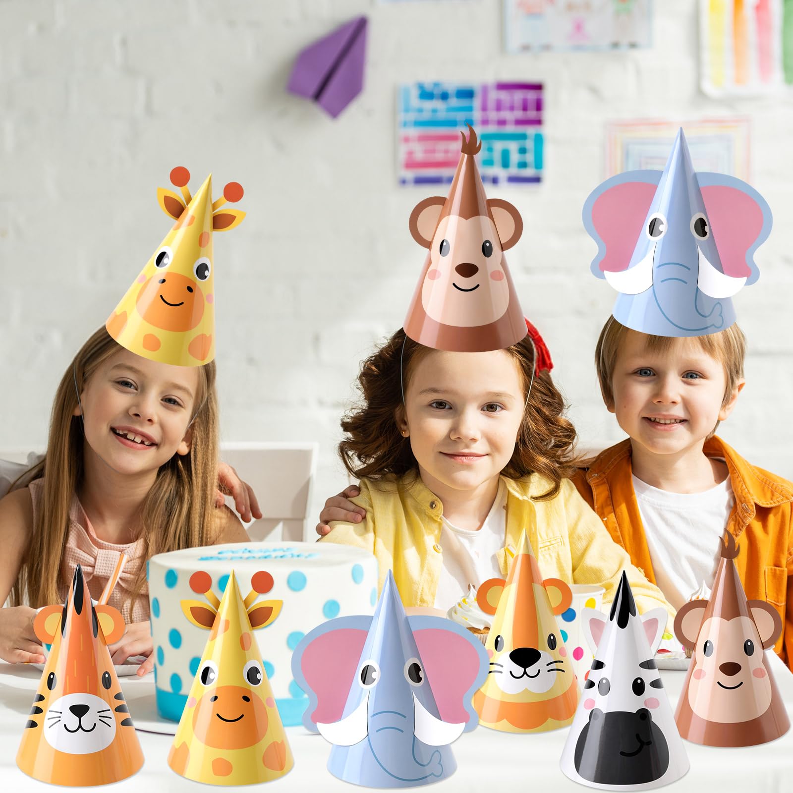 ojustbeok 24PCS Jungle Animal Party Hats – Safari Cone Hats for DIY Animal Theme Parties