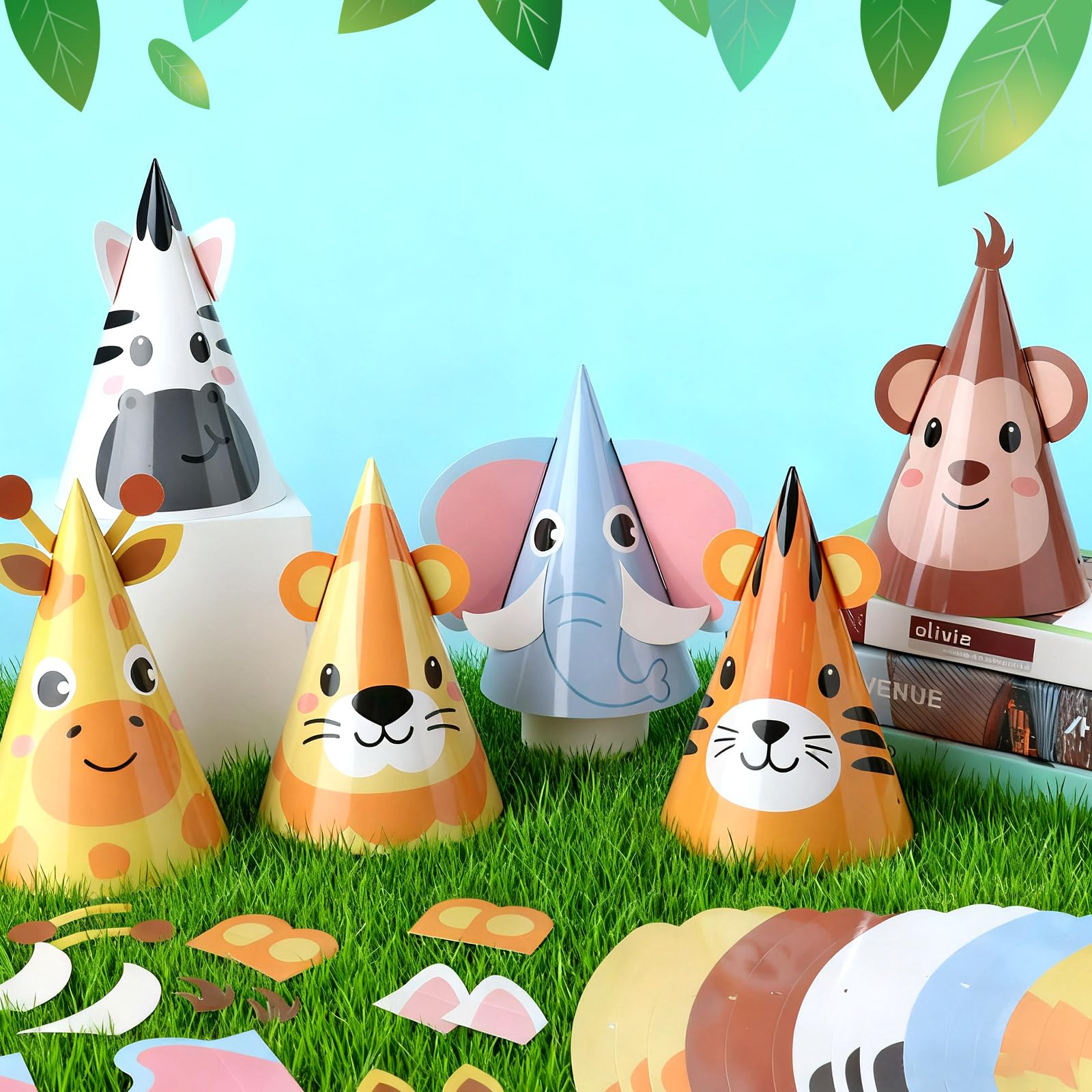 ojustbeok 24PCS Jungle Animal Party Hats – Safari Cone Hats for DIY Animal Theme Parties