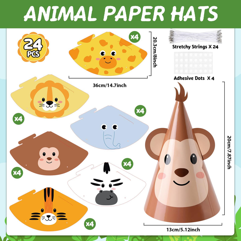 ojustbeok 24PCS Jungle Animal Party Hats – Safari Cone Hats for DIY Animal Theme Parties