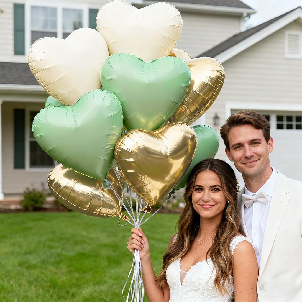 O-Kinee Sage Green Gold White Heart Balloons – 12Pcs, 18in Foil Hearts for Wedding, Baby Shower, Birthday