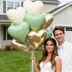 O-Kinee Sage Green Gold White Heart Balloons – 12Pcs, 18in Foil Hearts for Wedding, Baby Shower, Birthday
