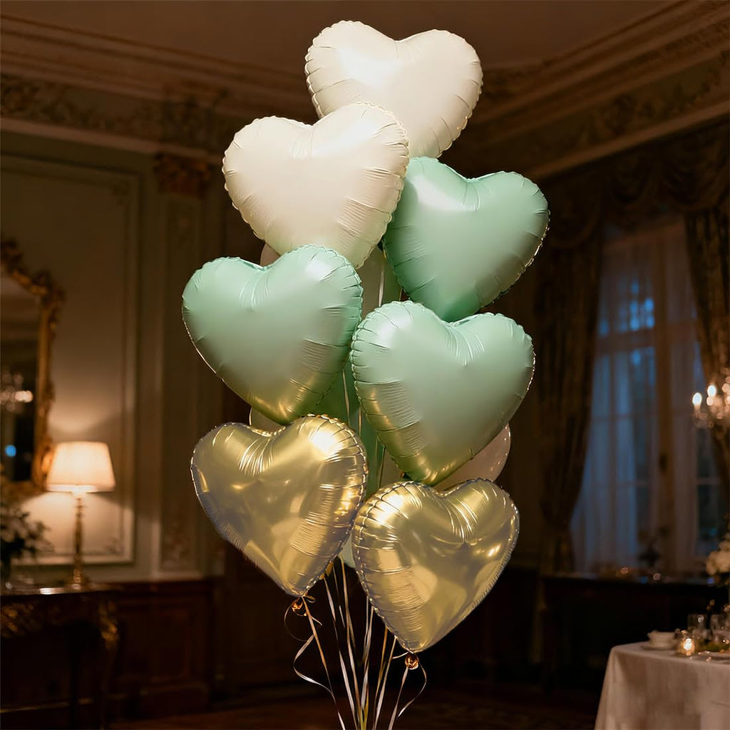 O-Kinee Sage Green Gold White Heart Balloons – 12Pcs, 18in Foil Hearts for Wedding, Baby Shower, Birthday