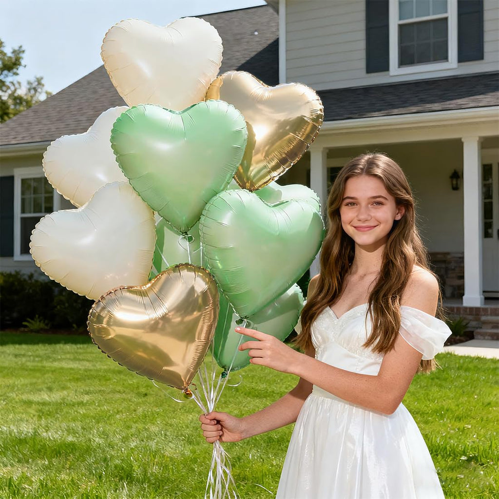O-Kinee Sage Green Gold White Heart Balloons – 12Pcs, 18in Foil Hearts for Wedding, Baby Shower, Birthday