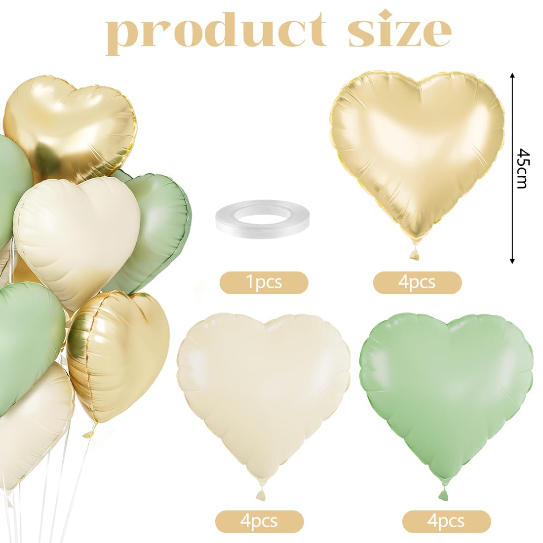 O-Kinee Sage Green Gold White Heart Balloons – 12Pcs, 18in Foil Hearts for Wedding, Baby Shower, Birthday