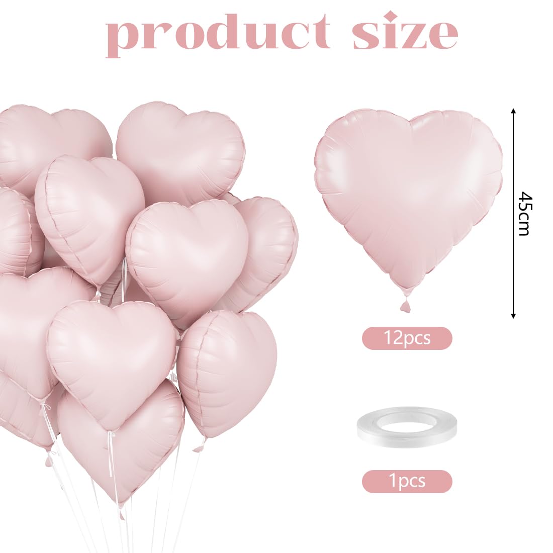 O-Kinee Baby Pink Heart Foil Balloons – 12-Pack, 18-Inch Heart Balloons for Valentines, Weddings