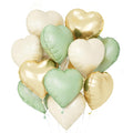 O-Kinee Sage Green Gold White Heart Balloons – 12Pcs, 18in Foil Hearts for Wedding, Baby Shower, Birthday