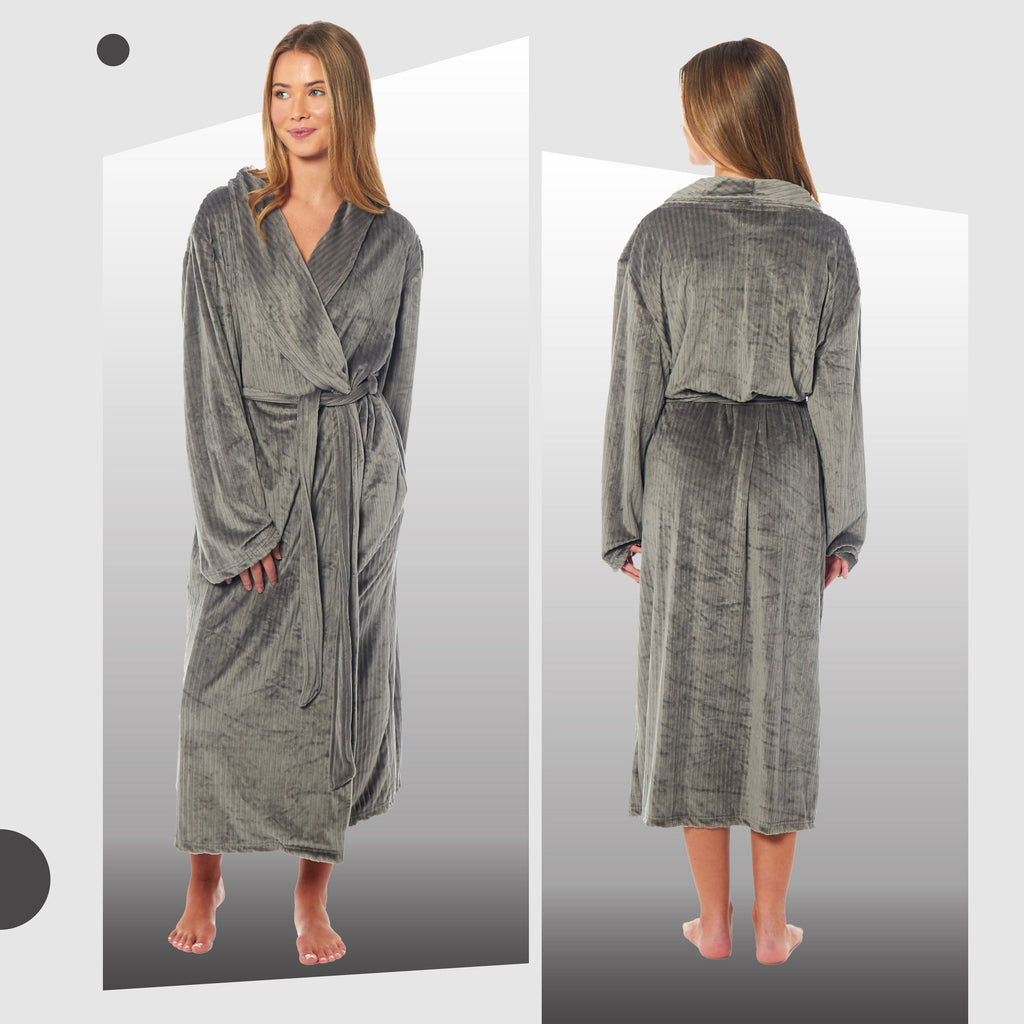 OLIVIA ROCCO Womens Stripe Jacquard Soft Warm Long Dressing Gown With Belt Pockets Shawl