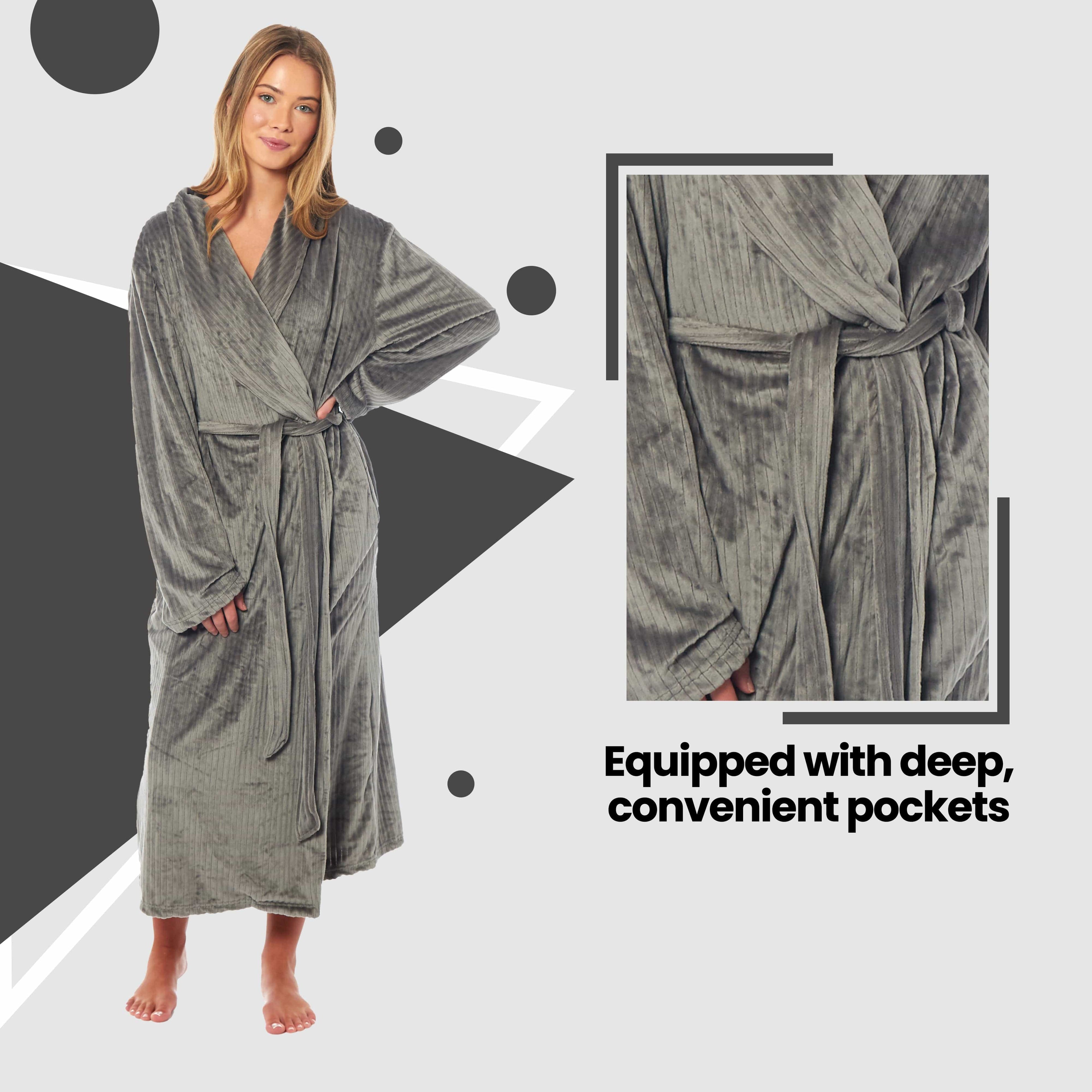 OLIVIA ROCCO Womens Stripe Jacquard Soft Warm Long Dressing Gown With Belt Pockets Shawl