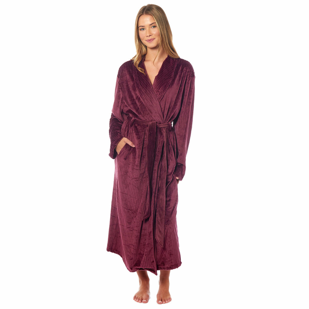 OLIVIA ROCCO Womens Stripe Jacquard Soft Warm Long Dressing Gown With Belt Pockets Shawl