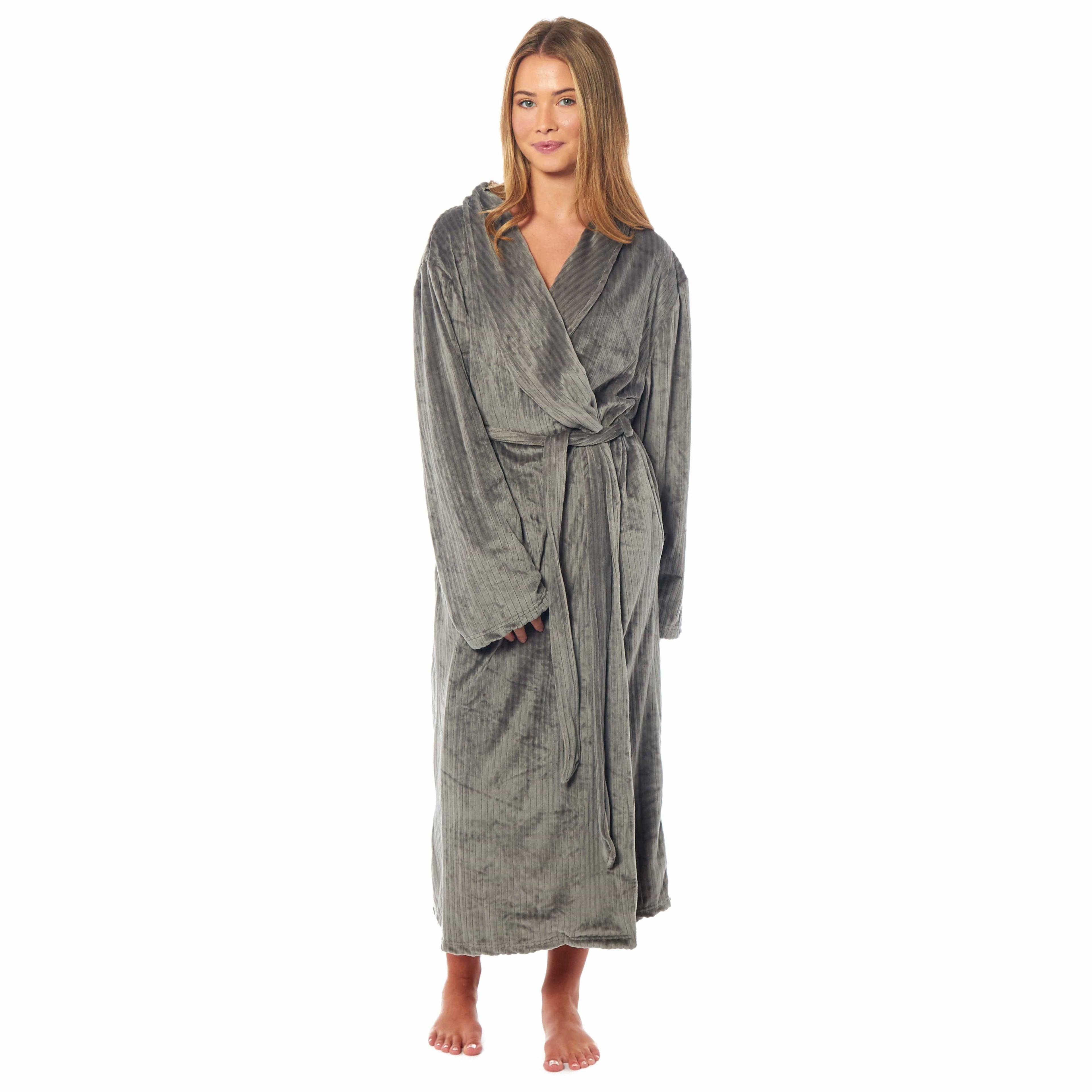 OLIVIA ROCCO Womens Stripe Jacquard Soft Warm Long Dressing Gown With Belt Pockets Shawl