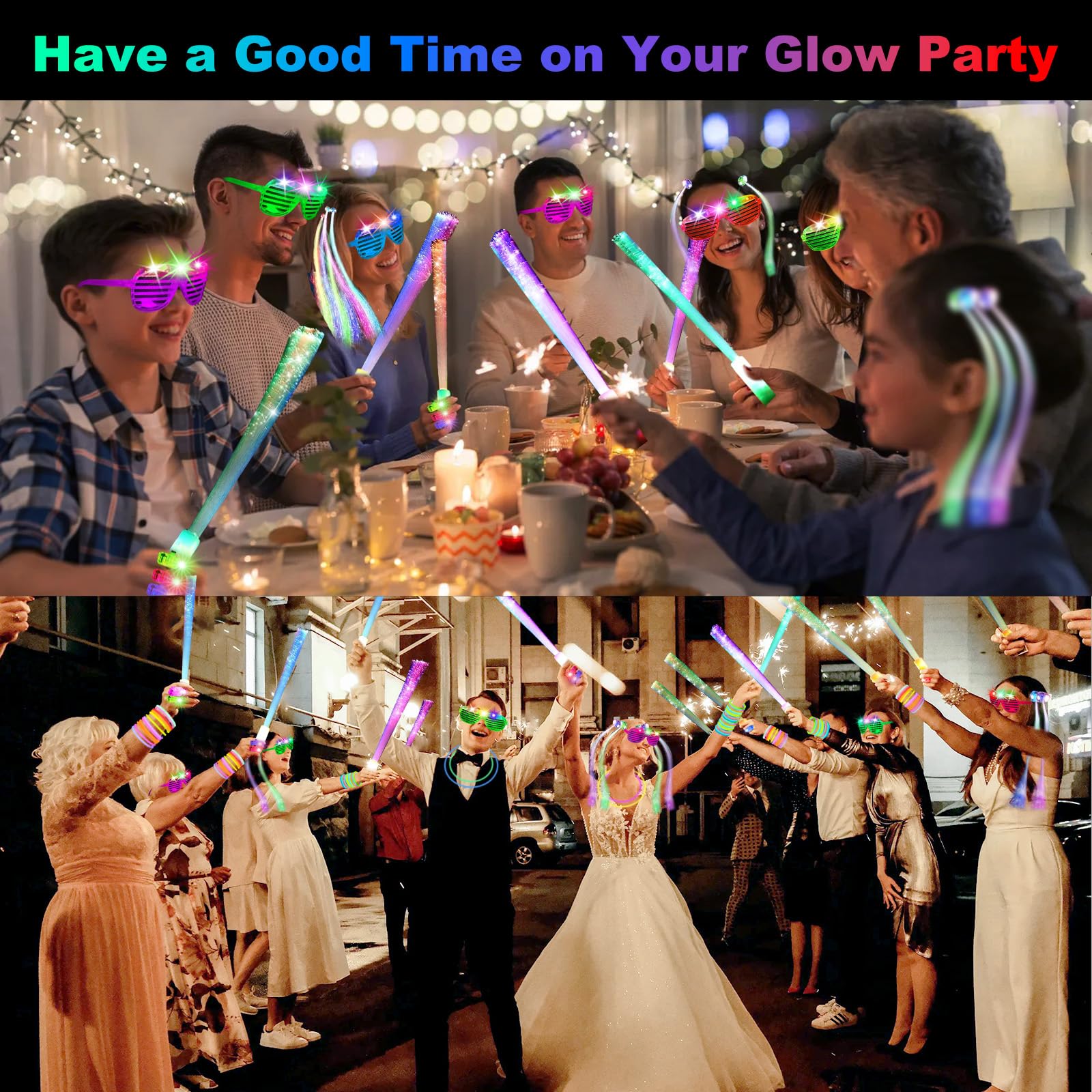 OLUPP Glow in the Dark Party Supplies — 290 PCS Glow Kit (200 Sticks, 24 Wands, 15 Glasses, 33 Finger Lights, 18 Hair Clips)