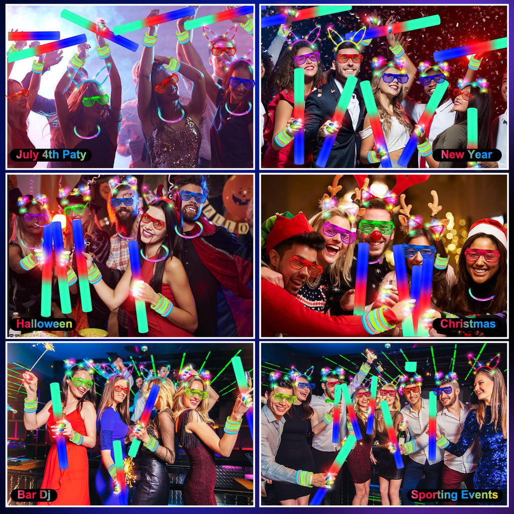 OLUPP 282 PCS Glow in the Dark Party Supplies — LED Glasses, Foam Sticks & Headbands