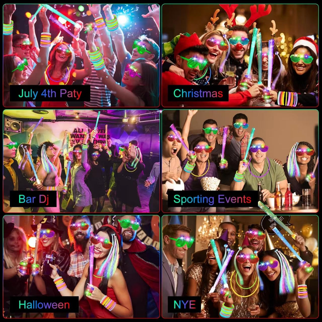 OLUPP Glow in the Dark Party Supplies — 290 PCS Glow Kit (200 Sticks, 24 Wands, 15 Glasses, 33 Finger Lights, 18 Hair Clips)