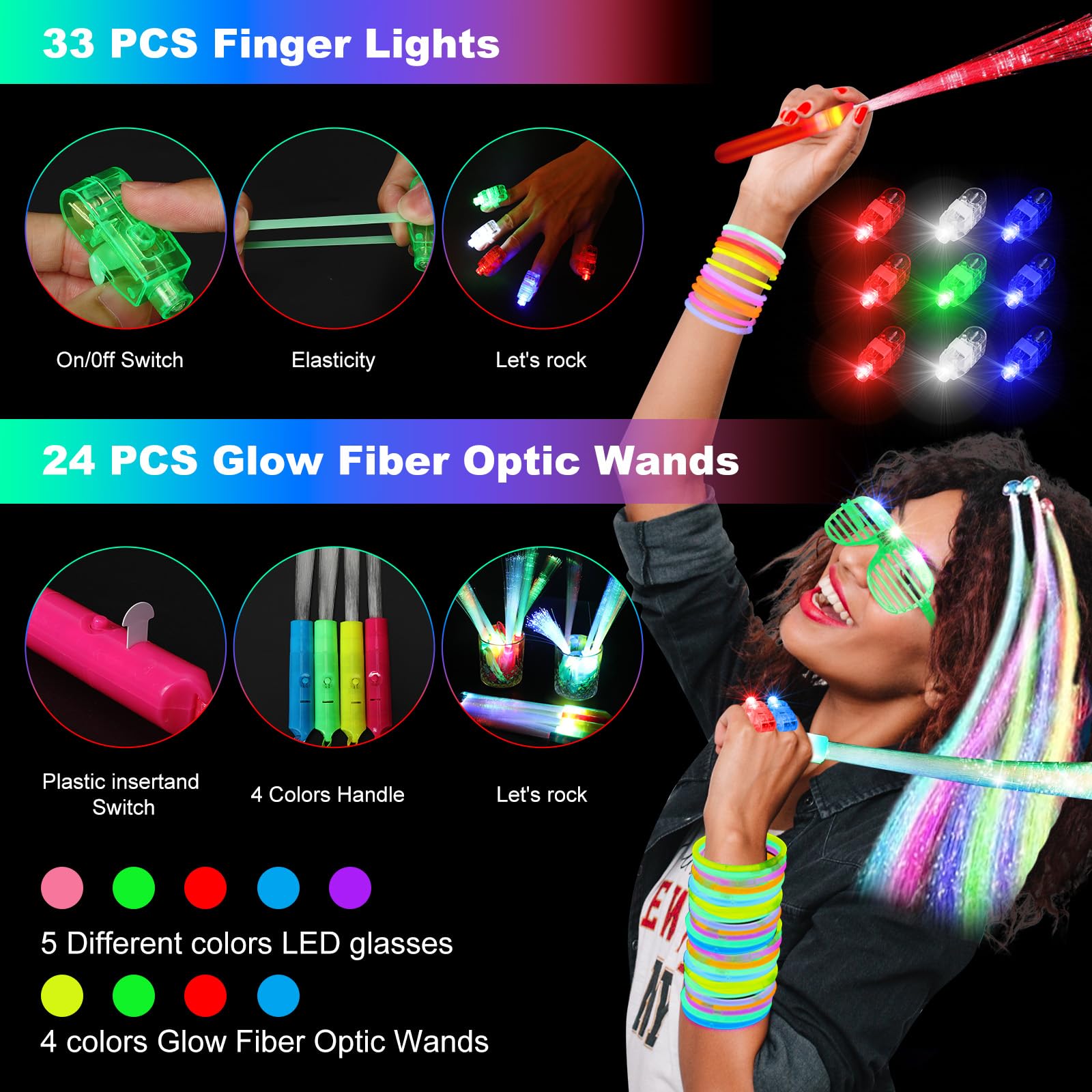 OLUPP Glow in the Dark Party Supplies — 290 PCS Glow Kit (200 Sticks, 24 Wands, 15 Glasses, 33 Finger Lights, 18 Hair Clips)