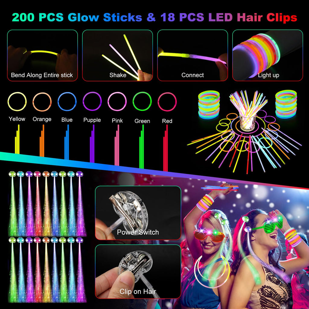 OLUPP Glow in the Dark Party Supplies — 290 PCS Glow Kit (200 Sticks, 24 Wands, 15 Glasses, 33 Finger Lights, 18 Hair Clips)