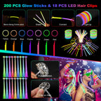 OLUPP Glow in the Dark Party Supplies — 290 PCS Glow Kit (200 Sticks, 24 Wands, 15 Glasses, 33 Finger Lights, 18 Hair Clips)