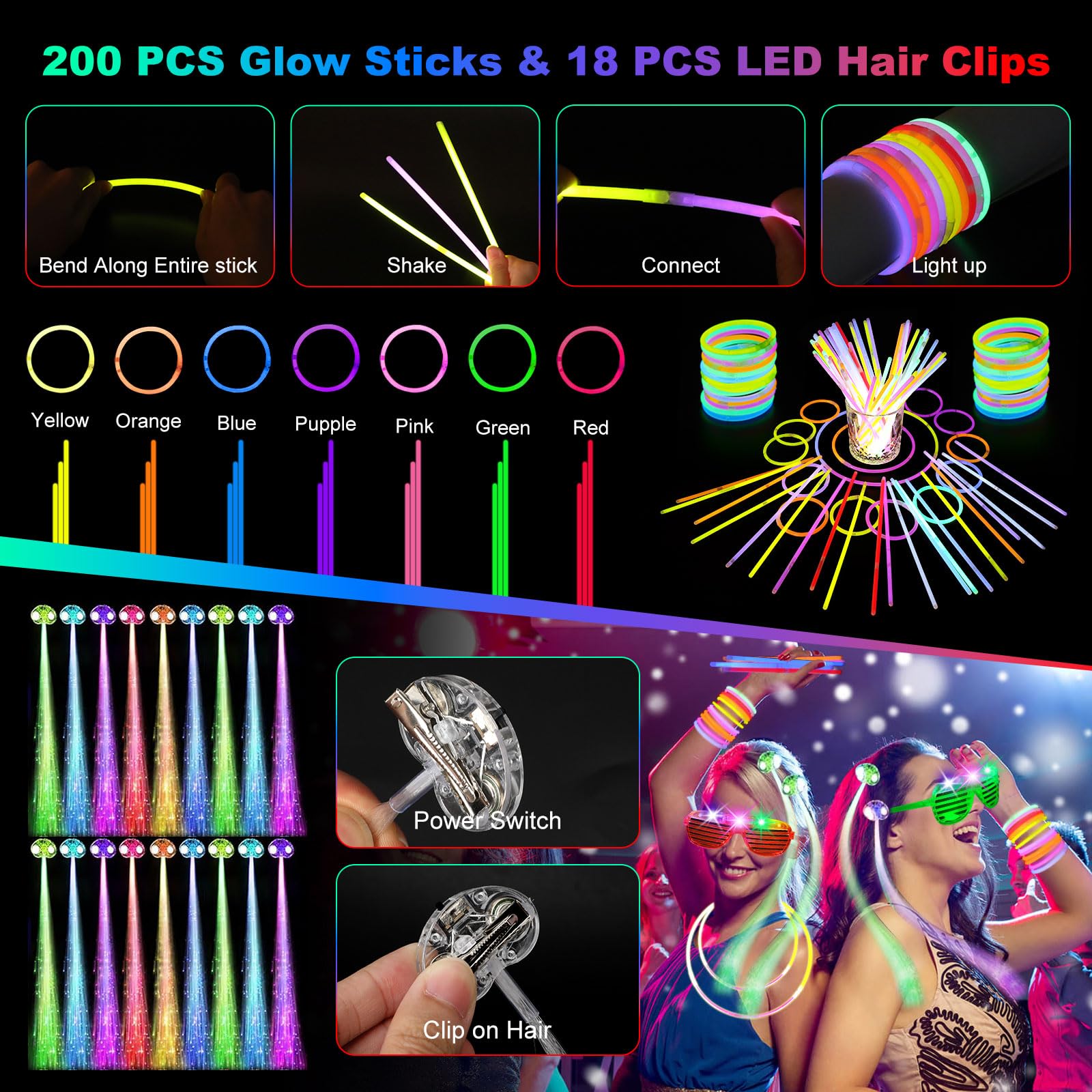 OLUPP Glow in the Dark Party Supplies — 290 PCS Glow Kit (200 Sticks, 24 Wands, 15 Glasses, 33 Finger Lights, 18 Hair Clips)