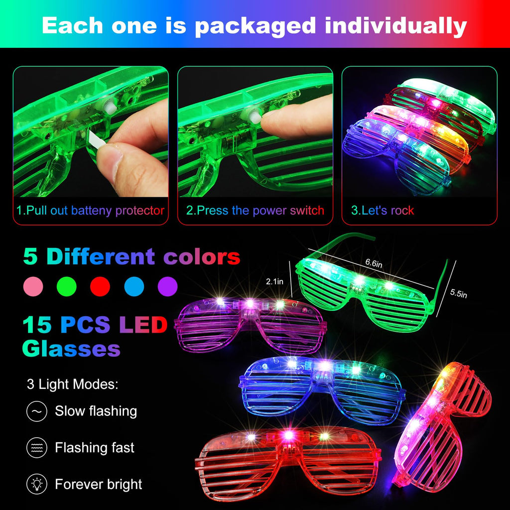 OLUPP Glow in the Dark Party Supplies — 290 PCS Glow Kit (200 Sticks, 24 Wands, 15 Glasses, 33 Finger Lights, 18 Hair Clips)