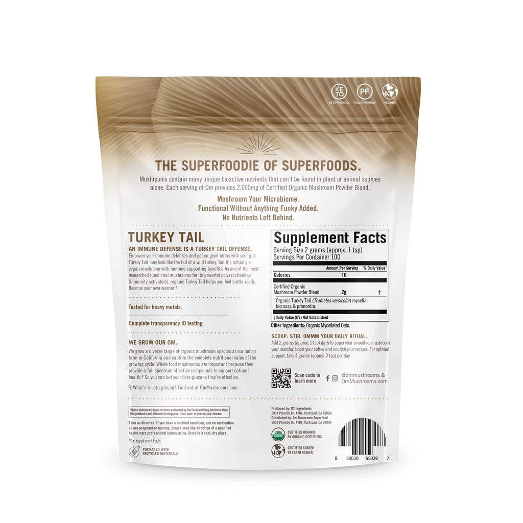 Om Mushroom Superfood Coriolus-Pulver – 100 % Bio-Pilzpulver – 200 g, 100 Portionen