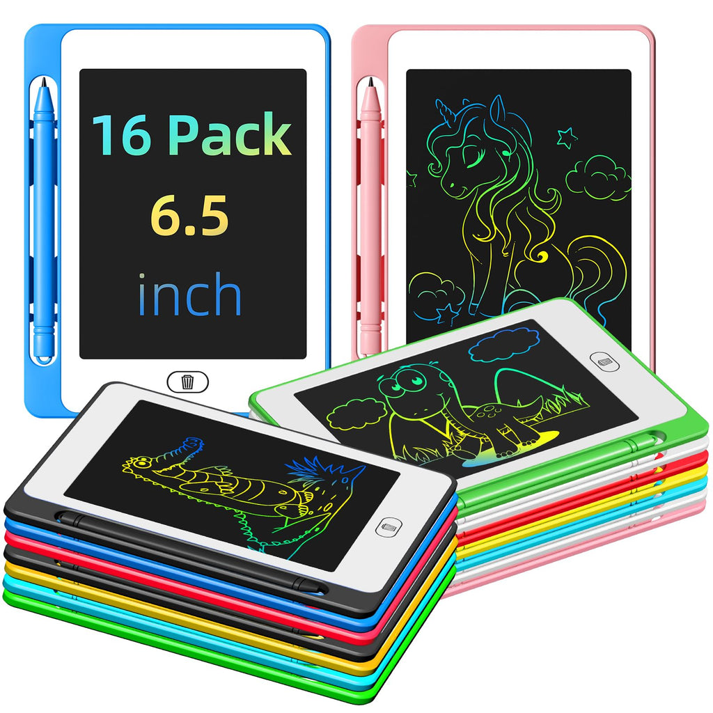 OMXDG Party Favor 16 Pack LCD Writing Tablet for Kids – 6.5 Inch Colorful Doodle Boards, Erasable & Reusable