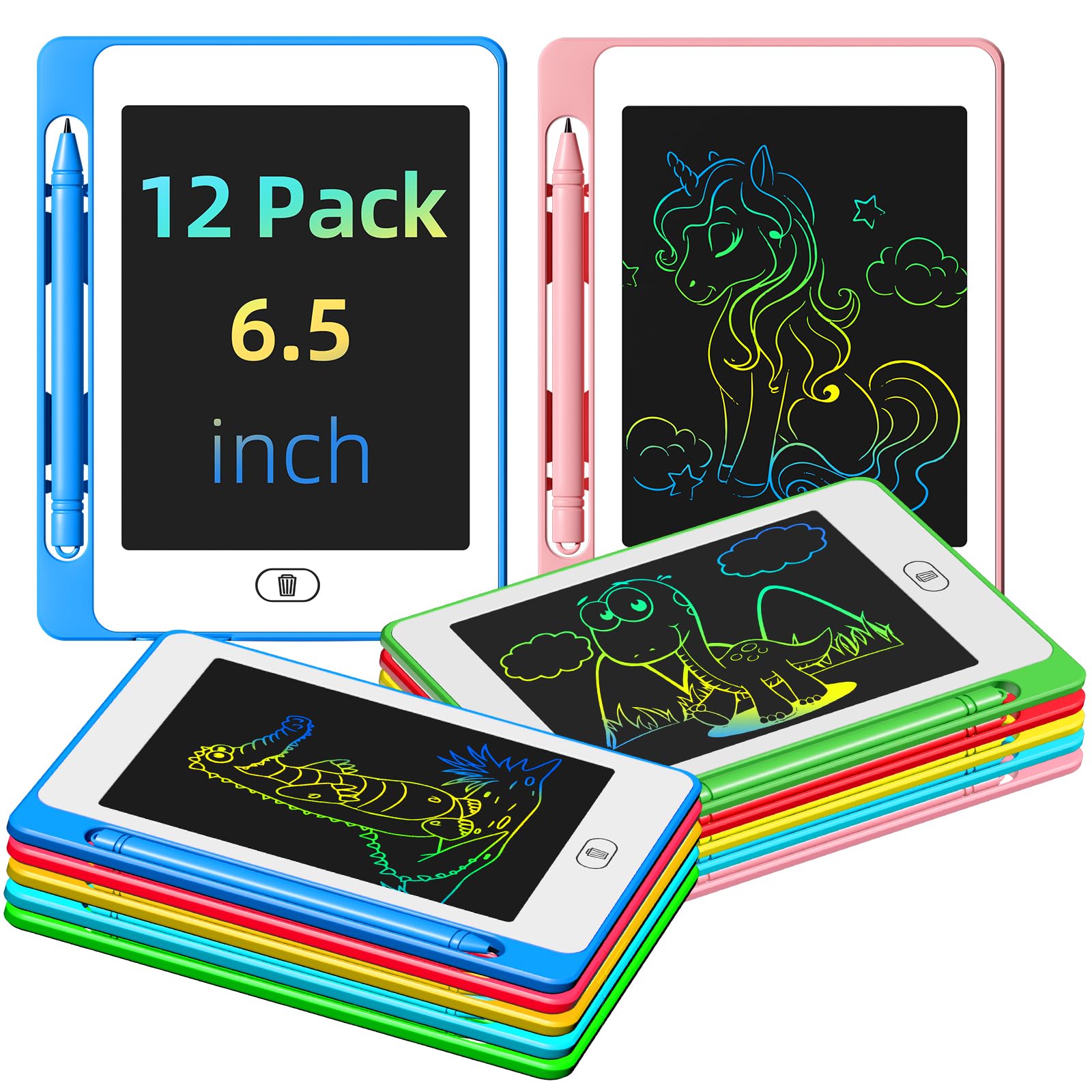 OMXDG Party Favor 12-Pack LCD Writing Tablets for Kids – 6.5-Inch Colorful Doodle Boards