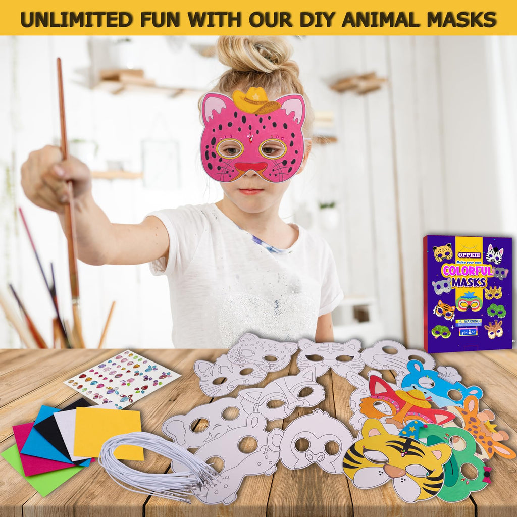 OPPKIE DIY 20-Piece Animal Mask Kit with Gem Stickers & Felt | Kids Party Favors & Craft Supplies