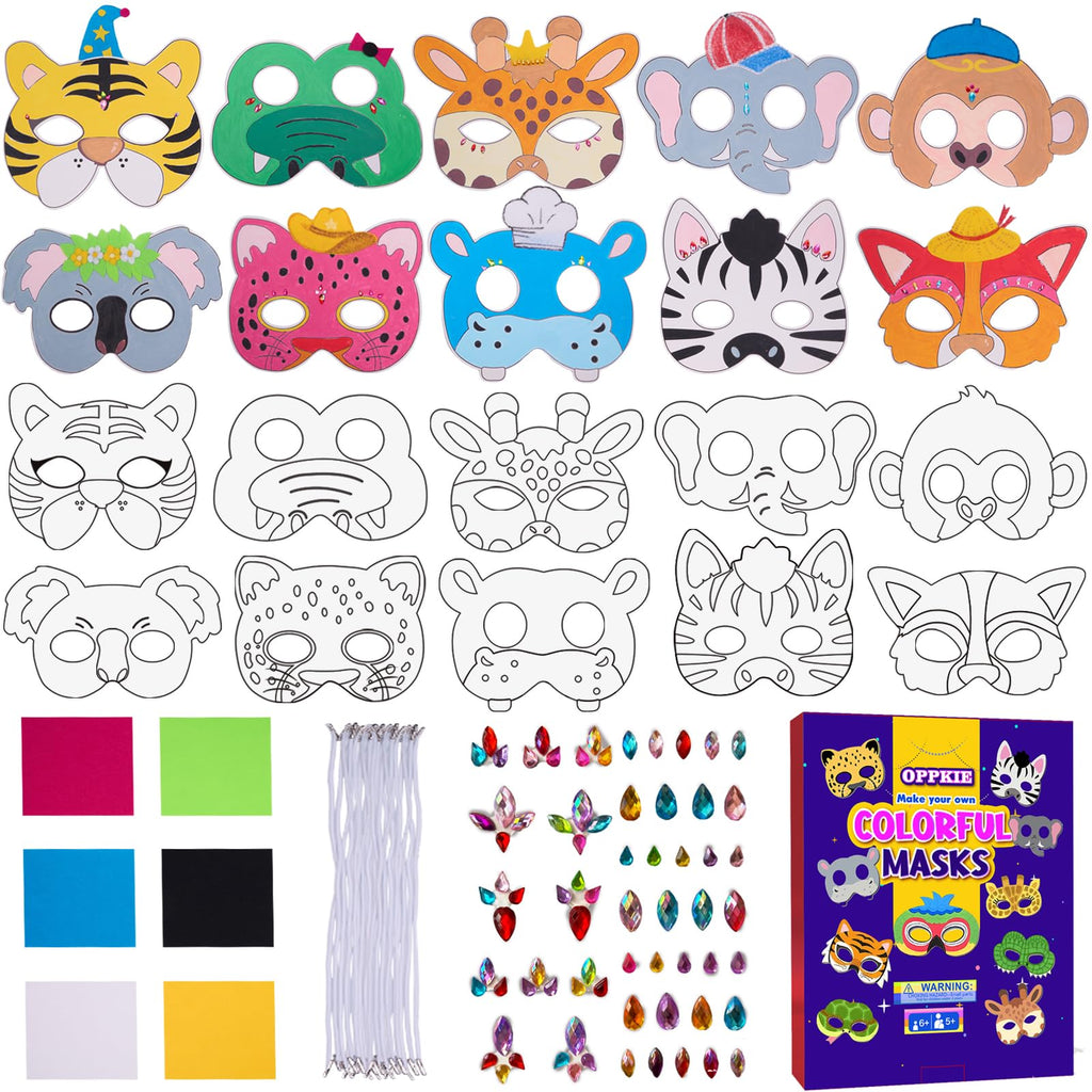 OPPKIE DIY 20-Piece Animal Mask Kit with Gem Stickers & Felt | Kids Party Favors & Craft Supplies