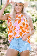Orange Floral Smocked Ruffle Short Sleeve Blouse Women UK