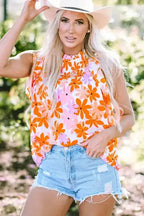 Orange Floral Smocked Ruffle Short Sleeve Blouse Women UK
