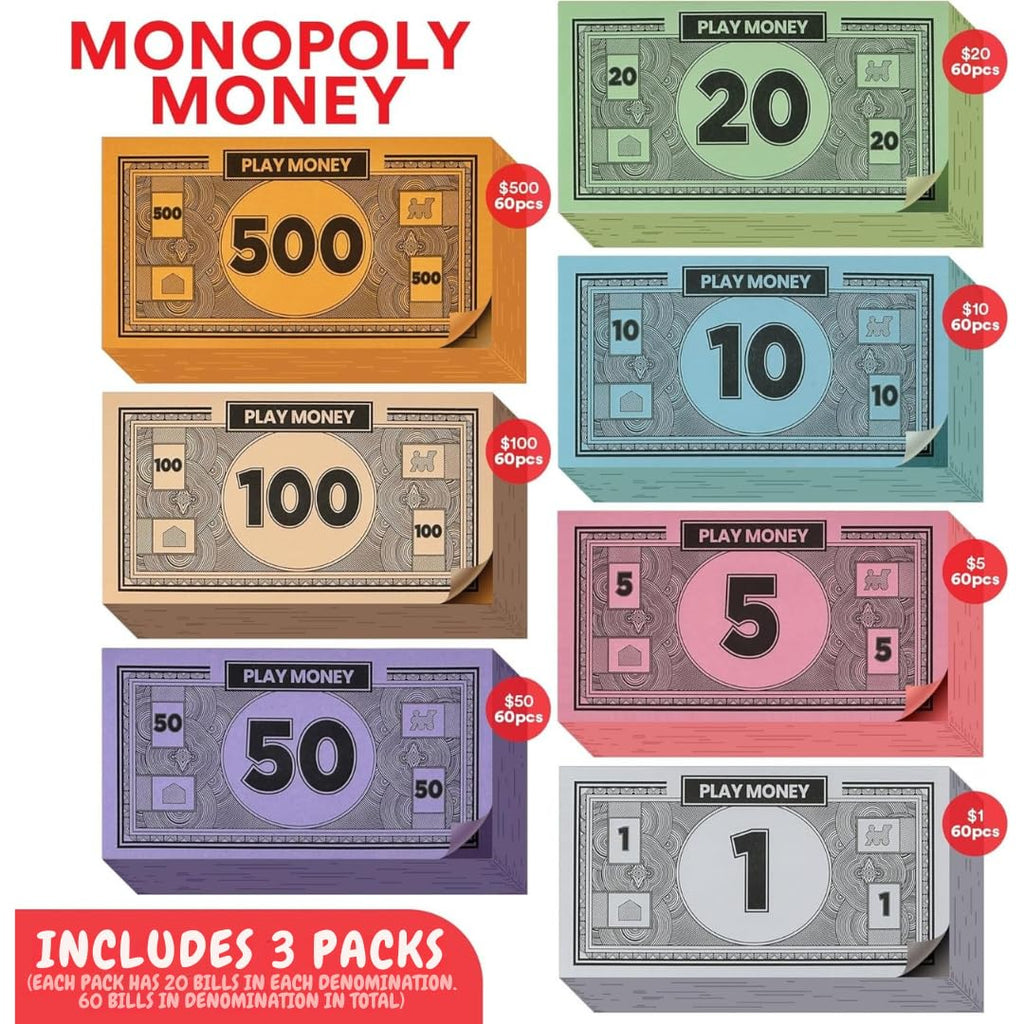 oreven Play Money – 3 Sets of 60 Colorful Monopoly-Style Bills ($1, $5, $10, $20, $50, $100, $500)