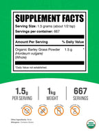 BulkSupplements Organic Barley Grass Powder – Green Superfood, 1kg, 1.5g Serving – Vegan