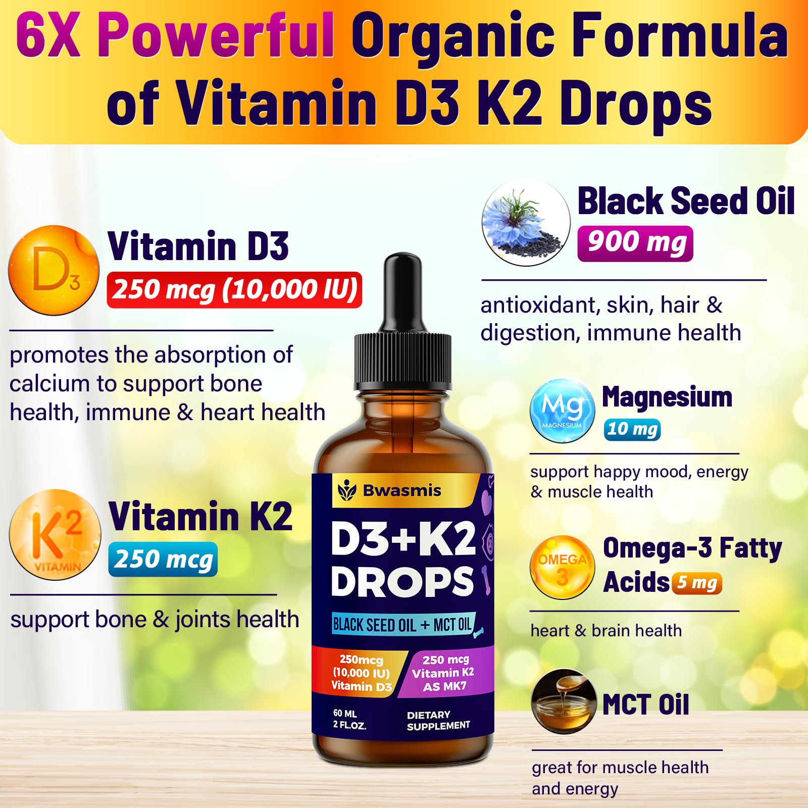 Vitamin D3 K2 Tropfen 10000IE mit Bio-Schwarzkümmelöl – 6-in-1 Flüssigkeit (59 ml)