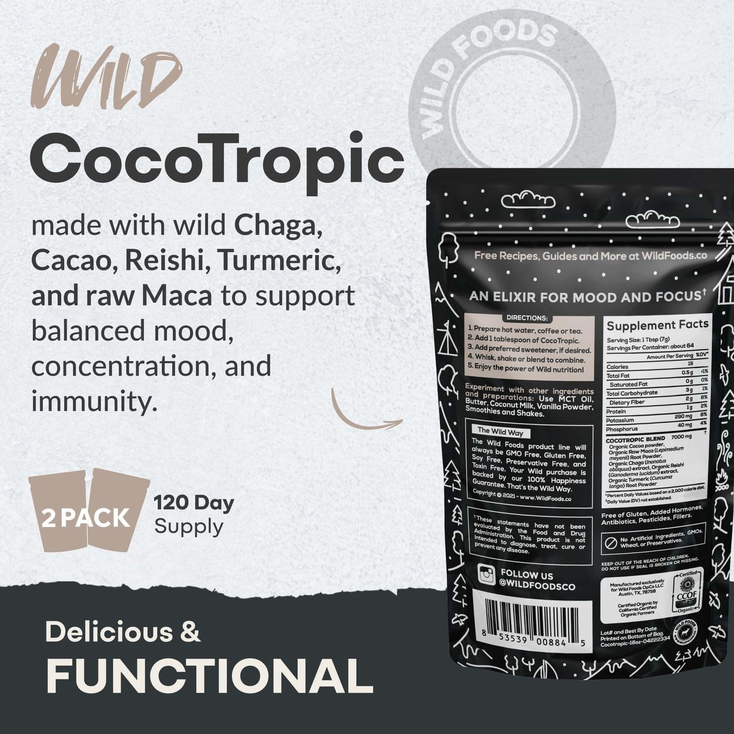 Bio-Cocotropic Pilz-Kakao – Zuckerfrei, Reishi & Chaga, 454g