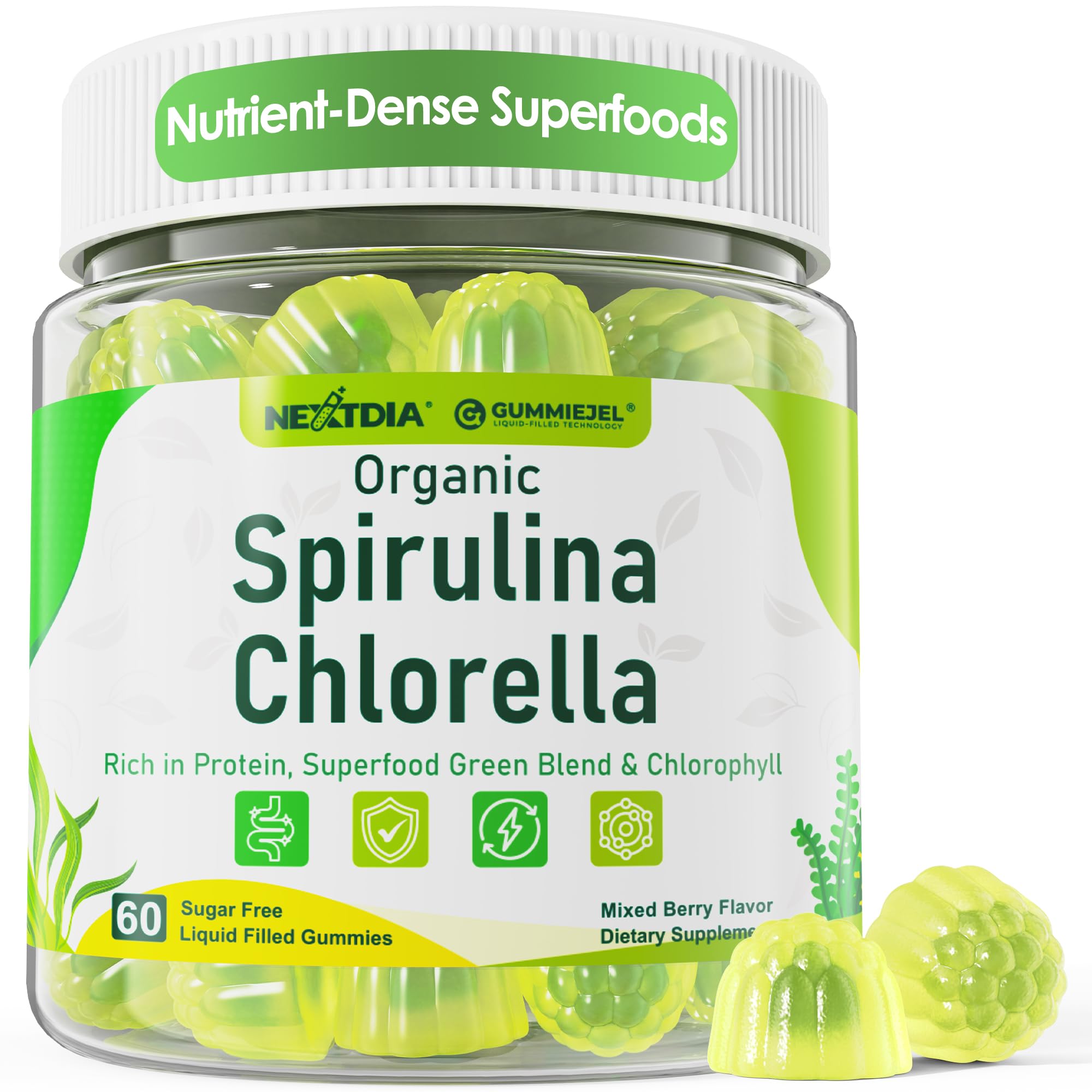 Bio Spirulina & Chlorella Fruchtgummis – Veganes Protein, Super Greens, Vitamin C & D3, Zink & B12 | Zuckerfrei, 60 Stück