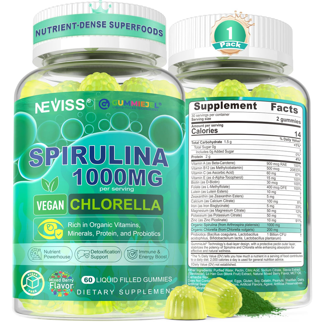 Bio Spirulina & Chlorella Gummis – Probiotikum & Super Greens Nahrungsergänzungsmittel, 60 Stück