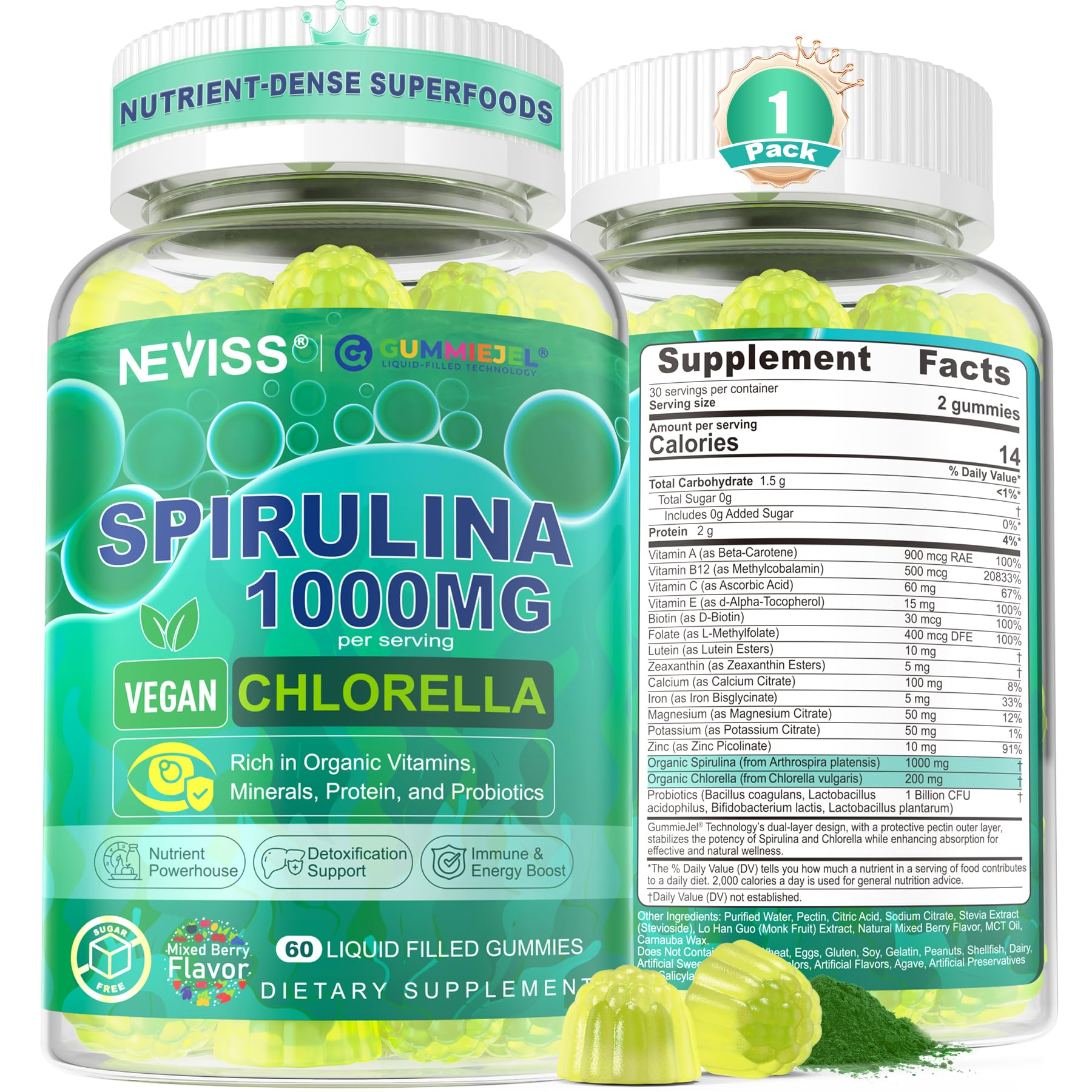 Bio Spirulina & Chlorella Gummis – Probiotikum & Super Greens Nahrungsergänzungsmittel, 60 Stück
