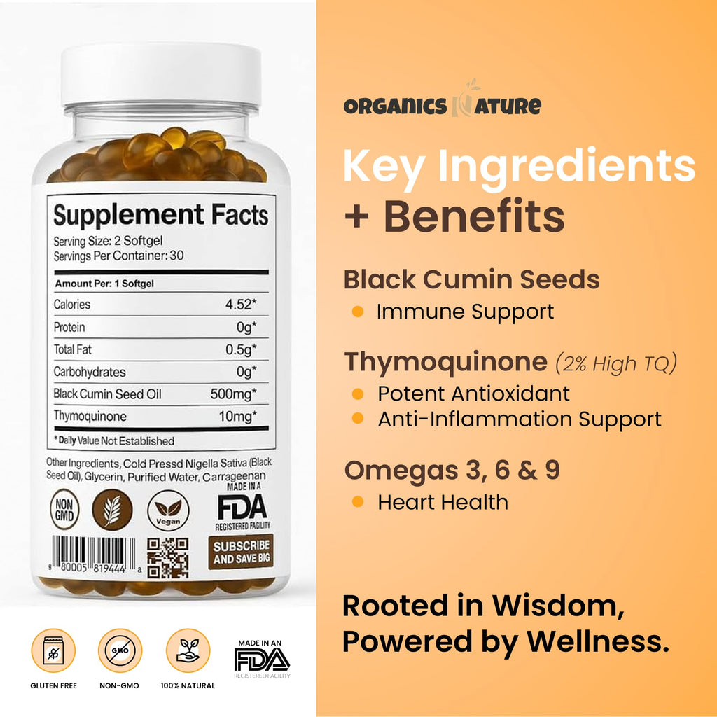 ORGANICS NATURE Schwarzkümmelöl Kapseln 1000mg – Vegane Softgels | Thymoquinon 20mg | Omega 3-6-9