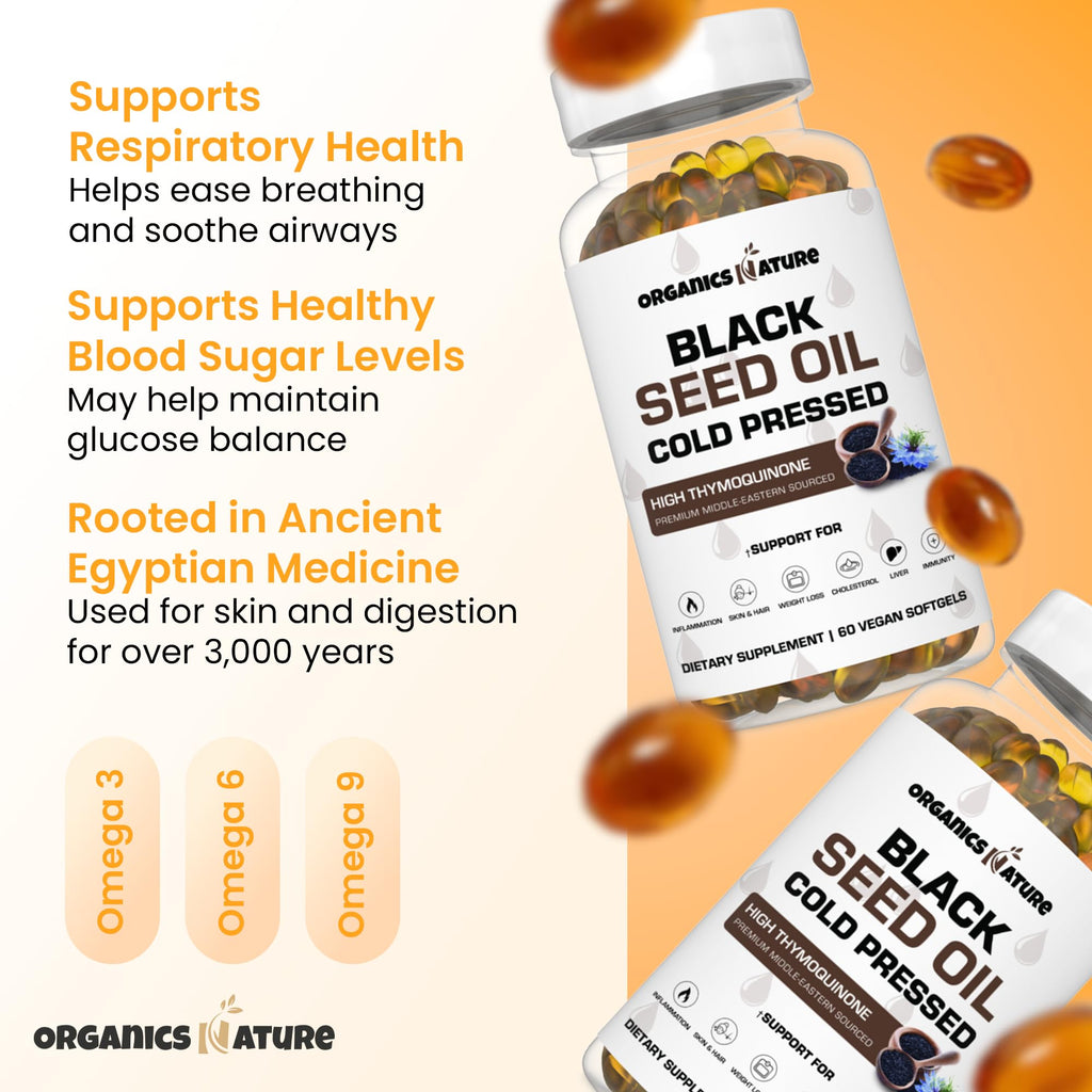 ORGANICS NATURE Schwarzkümmelöl Kapseln 1000mg – Vegane Softgels | Thymoquinon 20mg | Omega 3-6-9