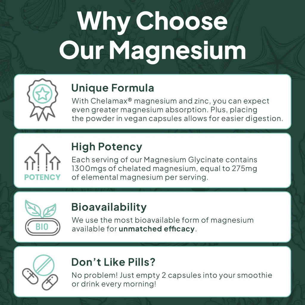 Organics Ocean Magnesium Glycinate with Zinc – Maximum Strength Chelated Magnesium for Sleep Support, Muscle Cramps & Heart Health – 3 Bottles