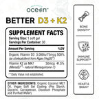 Organics Ocean Better D3 + K2 – 3000 IU VegD3 + MenaQ7 K2 (Vegan, Non-GMO) – 1-Pack, 30-Day Supply