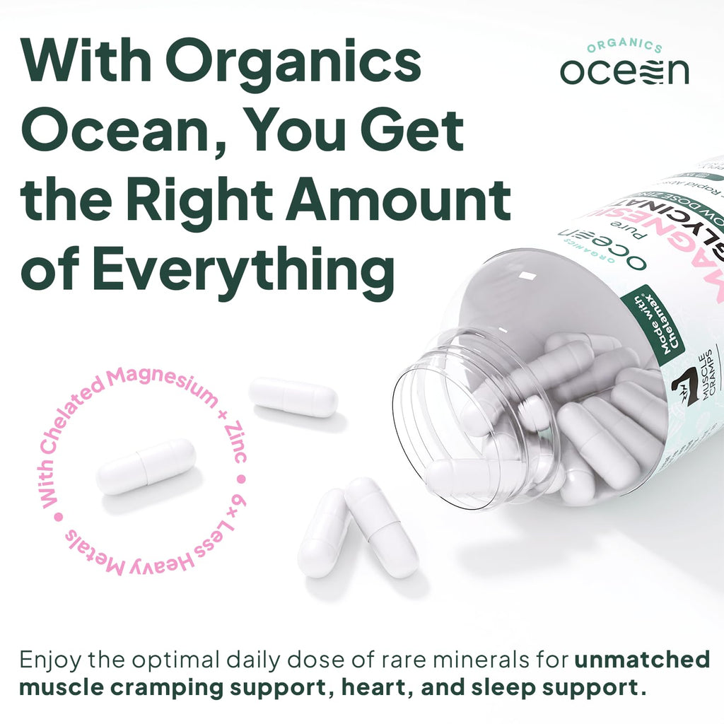 Organics Ocean Magnesium Glycinate with Zinc - Maximum Strength Chelated Magnesium for Sleep & Muscle Cramps - 2 Bottles