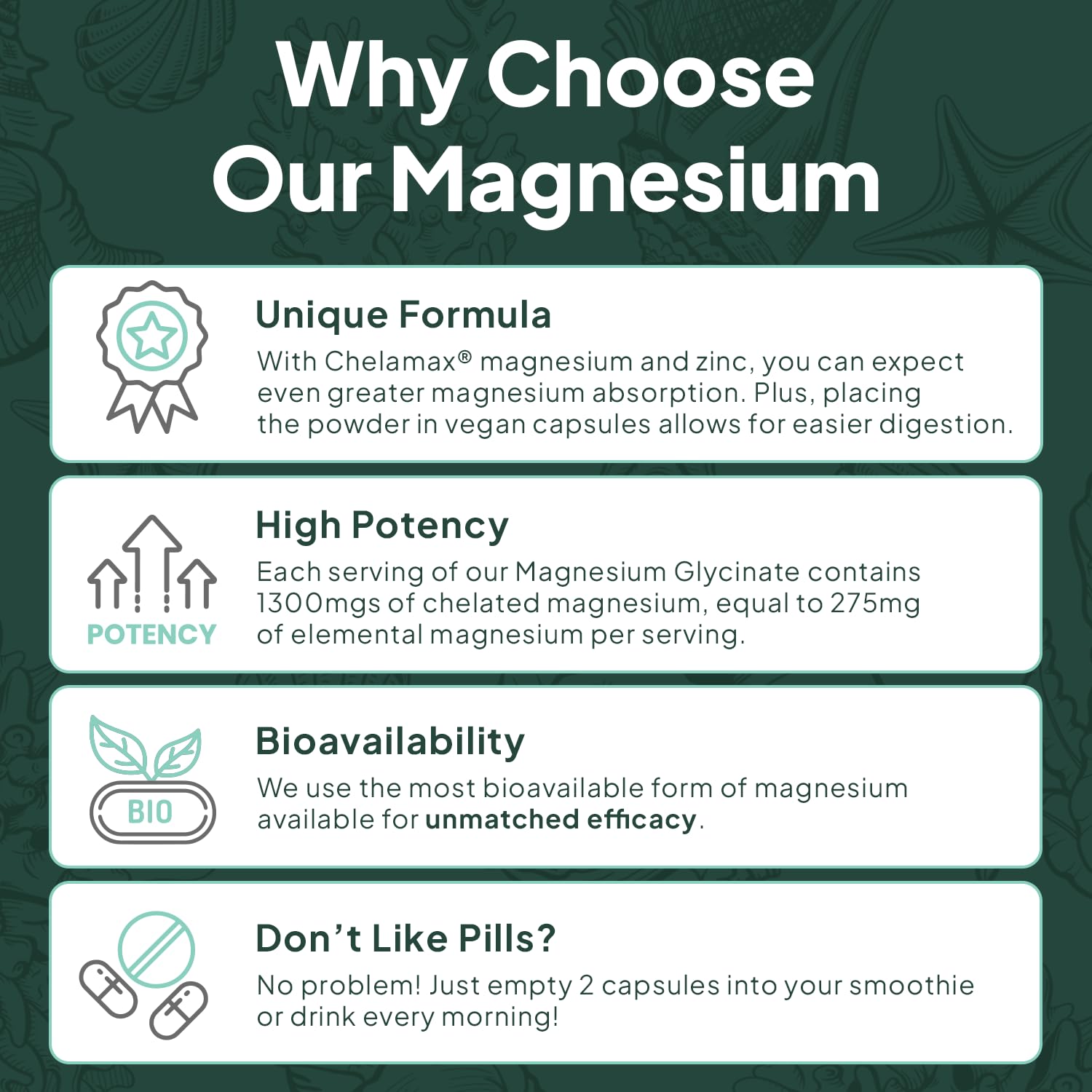 Organics Ocean Magnesium Glycinate with Zinc – Maximum Strength Chelated Magnesium (90 Capsules)