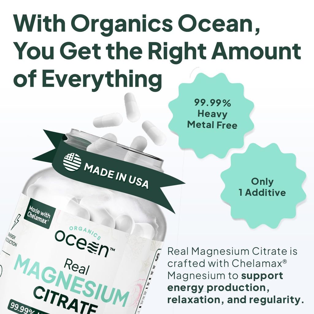 Organics Ocean Real Magnesium Citrate - High Absorption Chelated Magnesium Supplement - 3 Pack Bulk