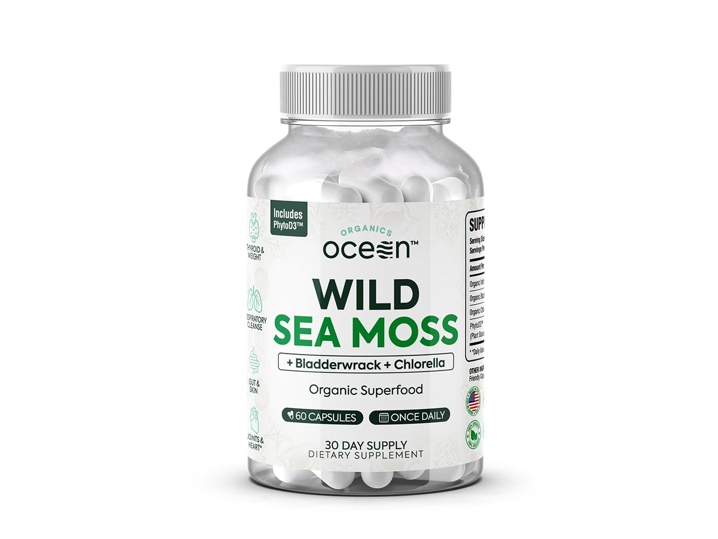 Organics Ocean Wild Meeresalgen Kapseln – 60 Kapseln | Bio Irisches Moos, Blasentang, Chlorella & Vitamin D3