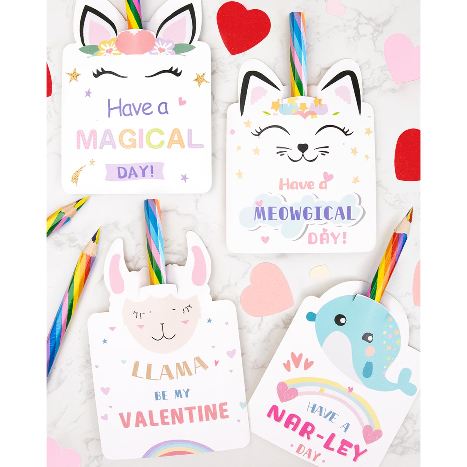 Oriental Cherry Valentines Day Cards for Kids — 24 Rainbow Pencils Unicorn Set | Classroom Party Favors