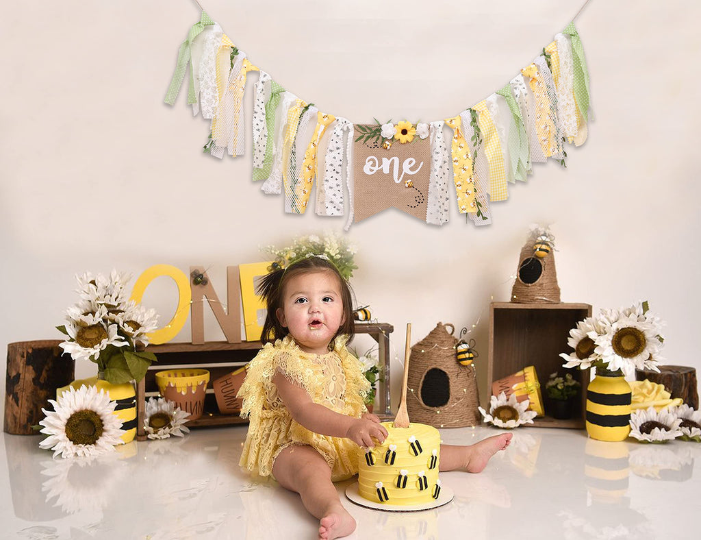OTURGC Bee Theme 1st Birthday High Chair Banner - Multicolor Bees & Flowers, 80in x 8.27in Linen