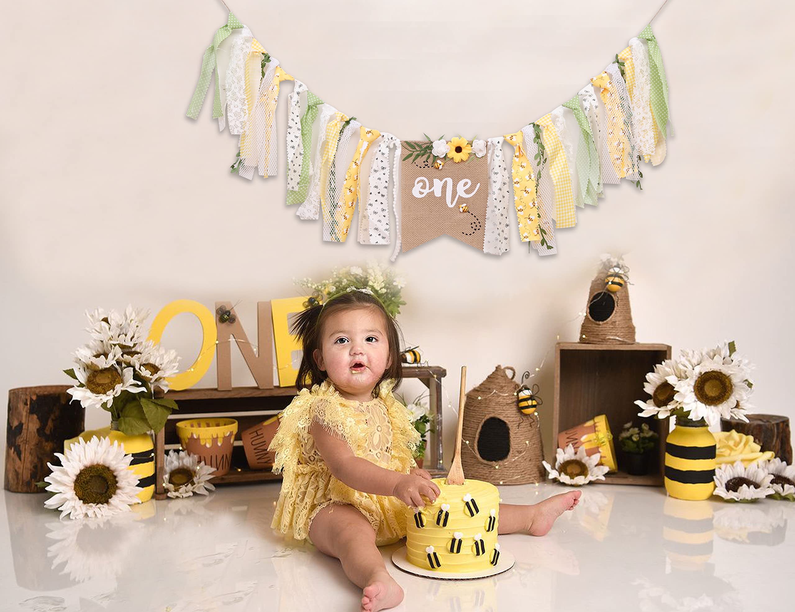 OTURGC Bee Theme 1st Birthday High Chair Banner - Multicolor Bees & Flowers, 80in x 8.27in Linen