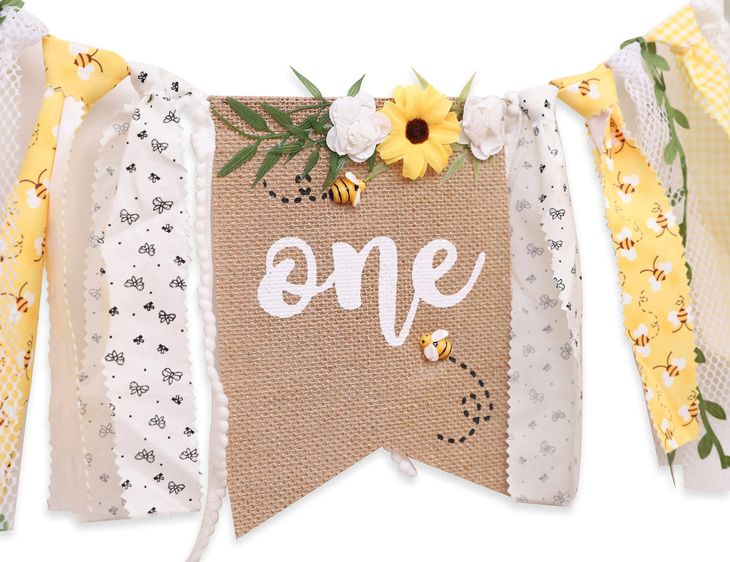 OTURGC Bee Theme 1st Birthday High Chair Banner - Multicolor Bees & Flowers, 80in x 8.27in Linen